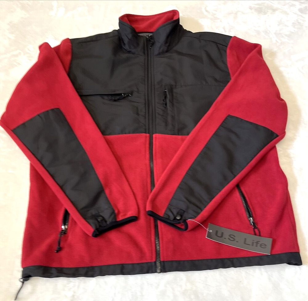 US Life Mens Zip Up Fleece Jacket Size XL Red/Black Pockets NWT